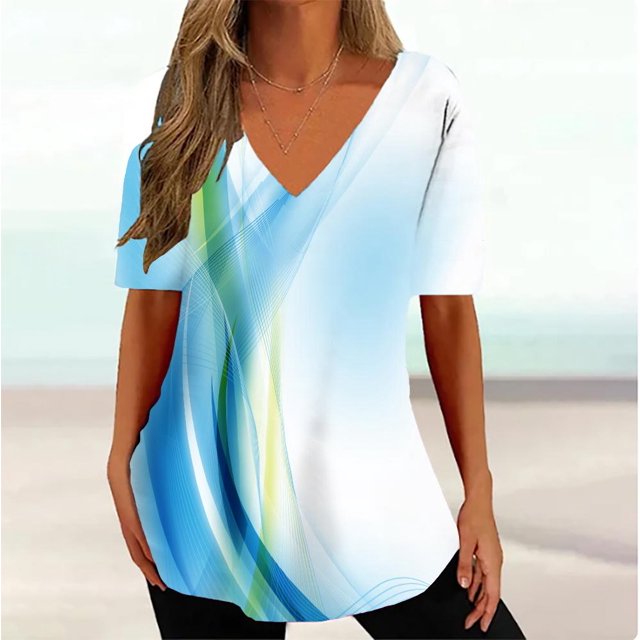 RWJDXD RWJDXD Ample et Confortable en Été, T-shirt Simple pour Femmes, T-shirt Courbe Ondulée 3d, Mode Col en V, Manches Courtes, Vêtements de Rue Décontractés pour Femmes