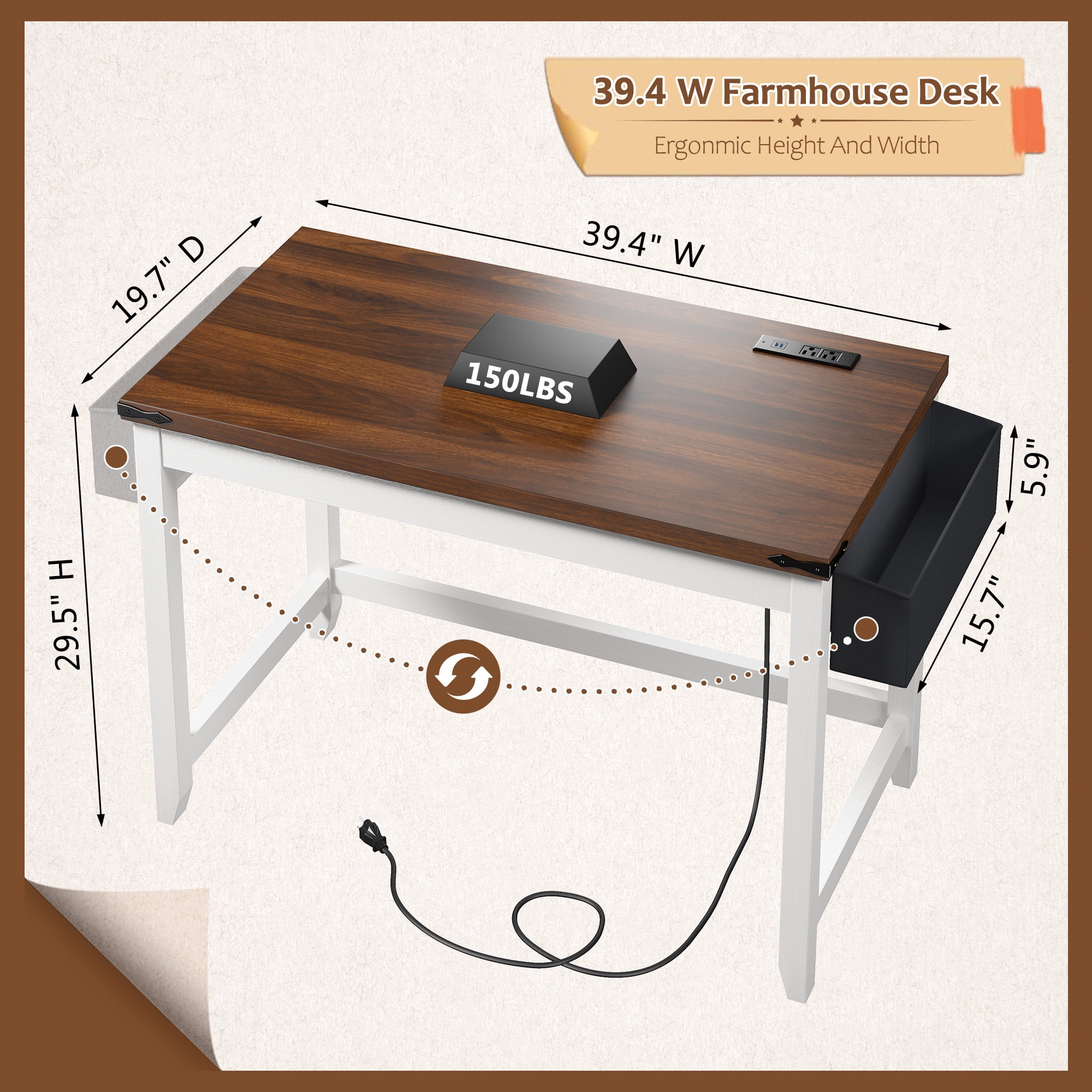 Enhomee Desk Small Desk with Power Outlet 40.1“W Computer Desk with Storage Bag, Brown & White
