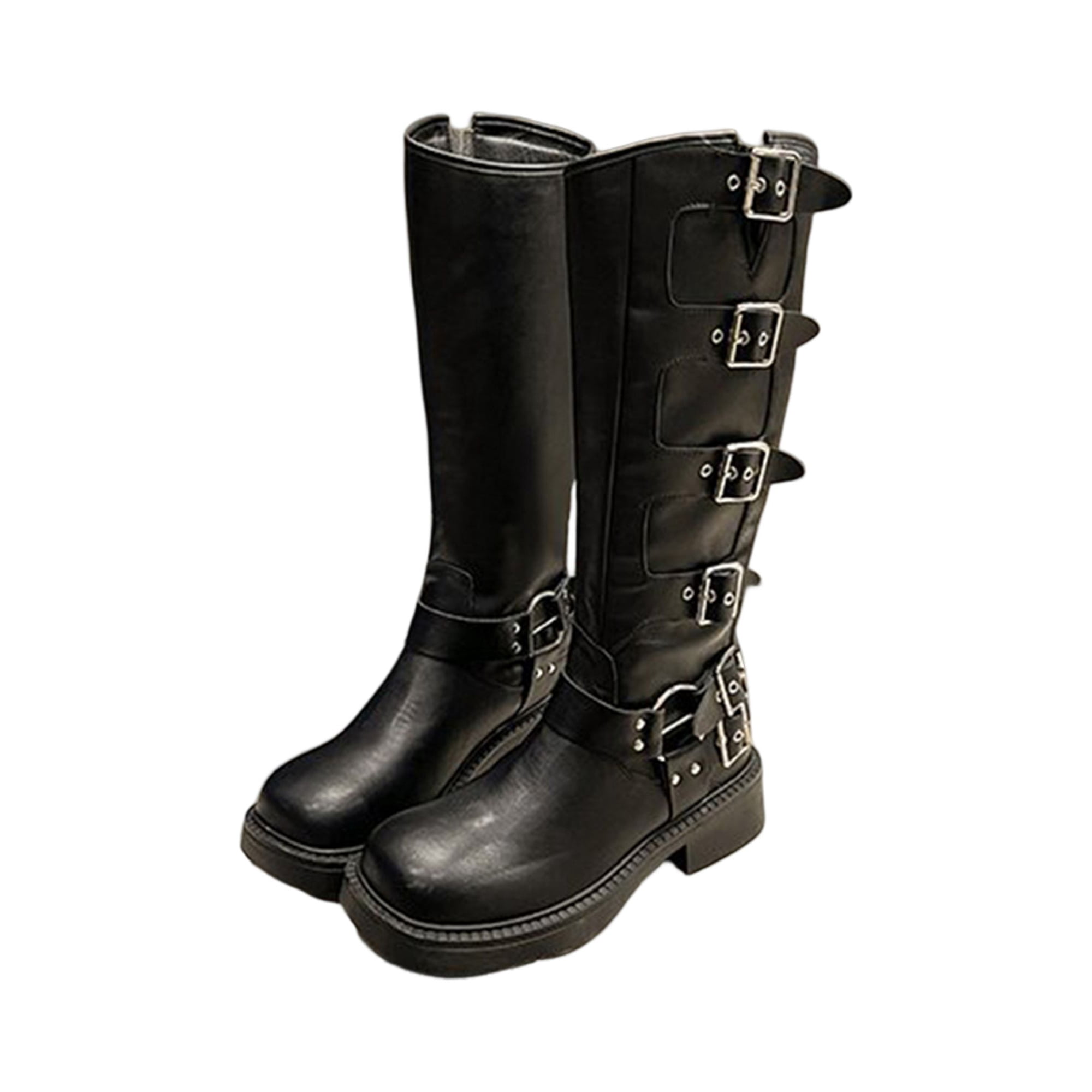 Woobling Women Riding Boots Strap Buckle Tall Boot Faux Leather Knee High Shoes Casual Womens Non Slip Square Toe Black 7.5