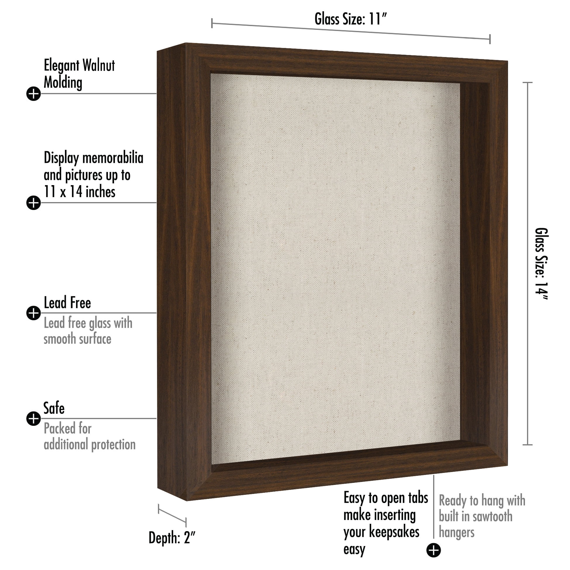 Americanflat 11x14 Shadow Box Frame in Walnut with Soft Linen Back - Composite Wood with Polished Glass for Wall and Tabletop