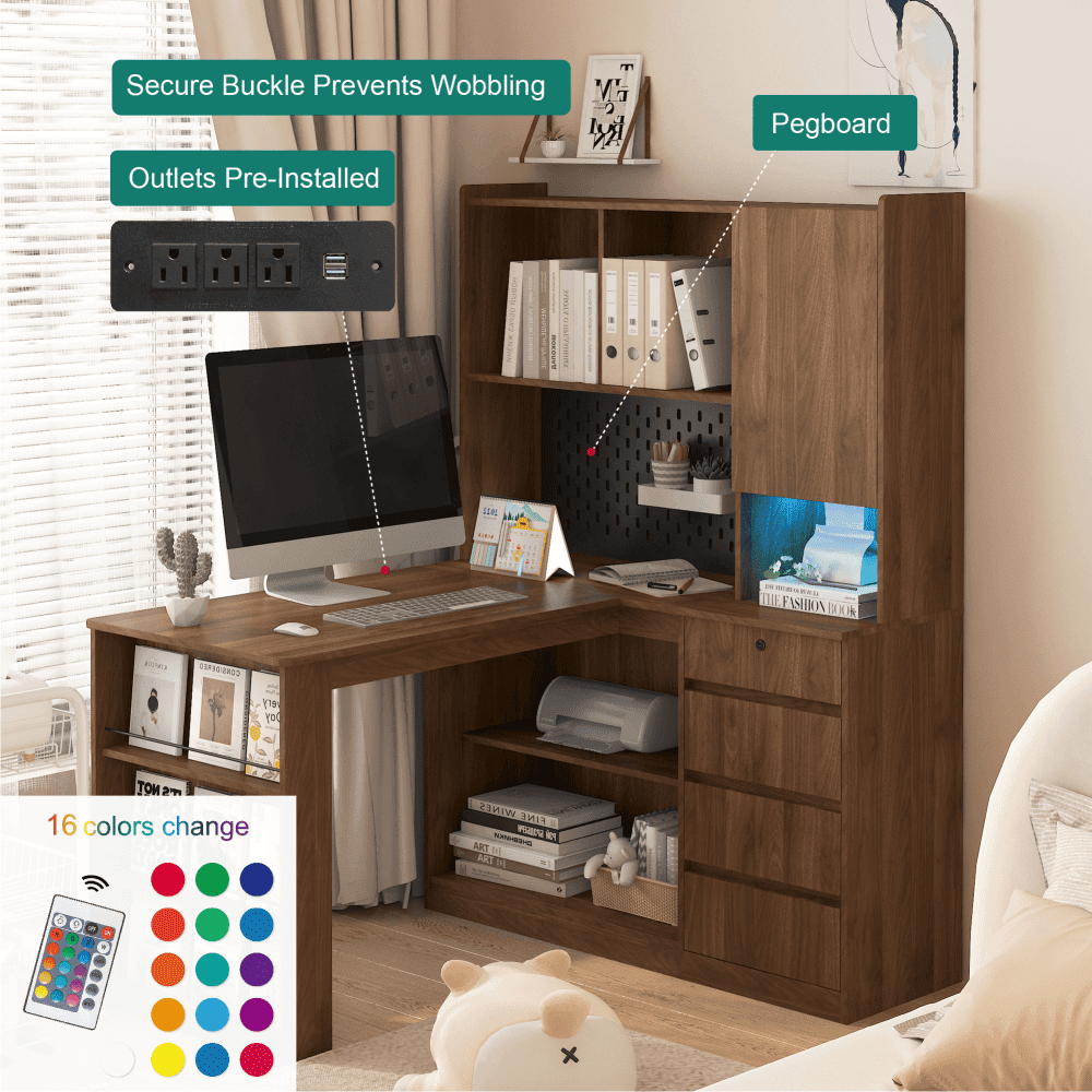 Tcbosik Corner Desk with LED Lights and Charging Station, L-Shaped Computer Desk with Hutch and Bookshelf, Home Office Table with Pegboard, Study Writing Desk with Door and 4 Drawers, Wood Color