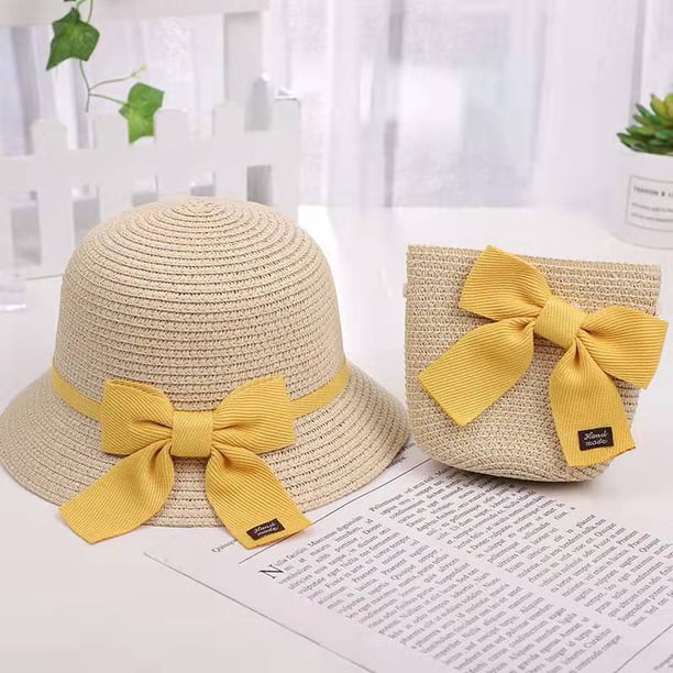Sombrero de sol para niños, sombrero de sol para niñas, sombrero de paja de verano, conjunto de bolso pequeño, sombrero de pescador con protector solar de verano para playa de princesa