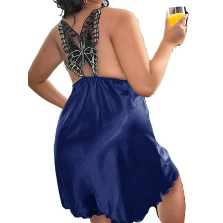

Sexy Butterfly Spaghetti Strap Slip Dress Navy Blue Sleeveless Plus Size Nightgowns & Sleepshirts