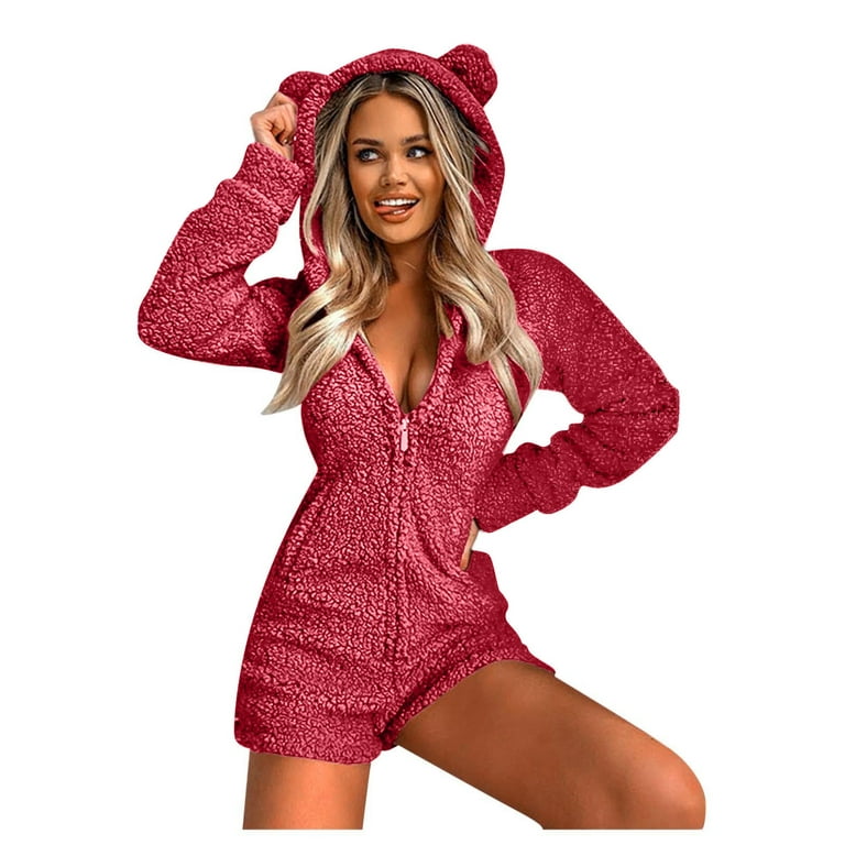 ZQGJB Plus Size Fleece Pajamas for Women Winter Warm Zip-up Hoodie Plush  Sherpa Jumpsuit Non-footed Onesie Loungewear Sleepwear #01-Red XL 