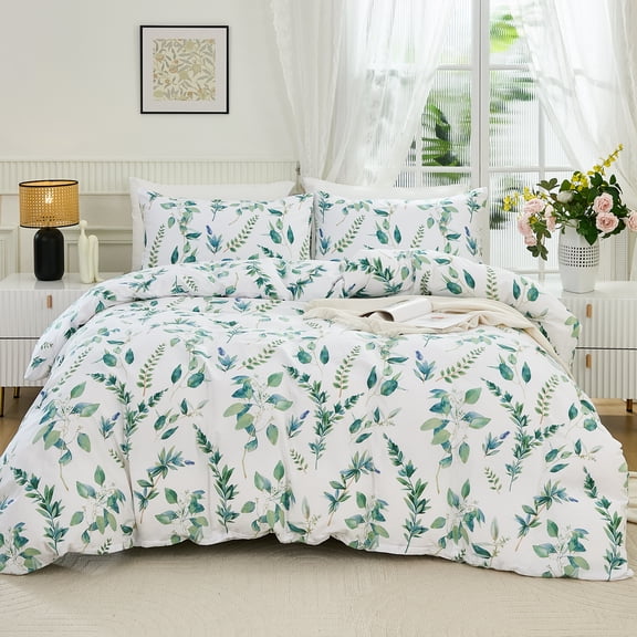 Botanical 100% Cotton Duvet Cover - 3Pcs Mint Green Printed with Sage & Emerald Leaves on White,Reversible Lightweight and Soft Bedding Sets