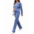 thumbnail image 3 of Pijama de Dos Piezas para Mujer, Moda de Otoño, Traje de Punto Acanalado, Ropa Deportiva Informal de Larga. Azul L, 3 of 9
