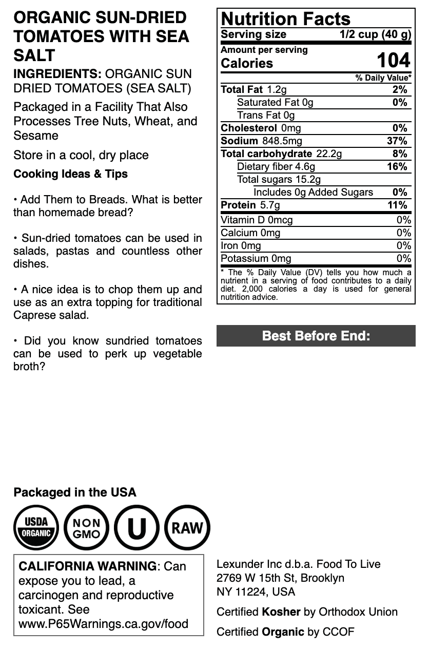 Organic Sun-Dried Tomatoes with Sea Salt, 5 Pounds — Non-GMO, Kosher, Raw, Vegan — by Food to Live