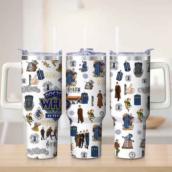 Doctor Who Iconic Design Stainless Steel Insulated Mug with Lid and Handle, 30oz