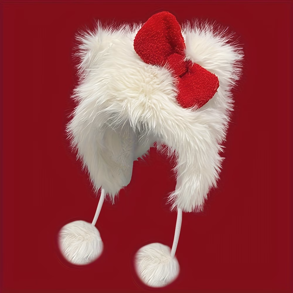 Unisex Winter Plush Hat Cute Bow Cartoon Ear Protection Leifeng Style Y2K Couple Beanie with Earflaps