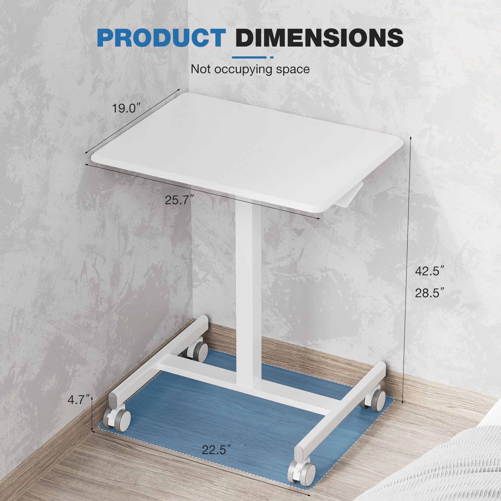 CONCETTA Small Mobile Standing Desk, Portable Rolling Laptop Cart with Adjustable Height and Wheels, Computer Table for Home Office, White