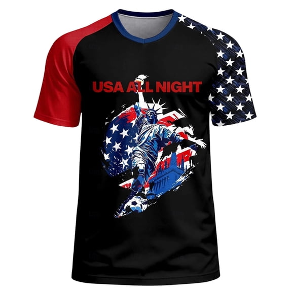 USA 2026 Soccer Cup Raglan Jersey for Men, Short Sleeve V-Neck Shirt with Statue of Liberty & Flag Print, Breathable Athletic Fan Top, Lightweight Sports Tee, 1 PC Black L