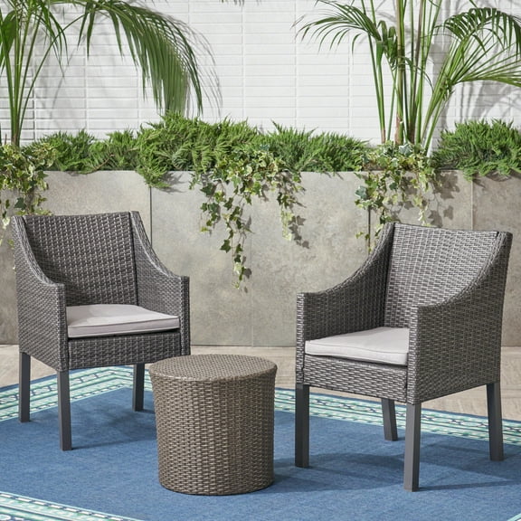 Philip Outdoor 3 Piece Wicker Chat Set with Cushions, Grey, Silver