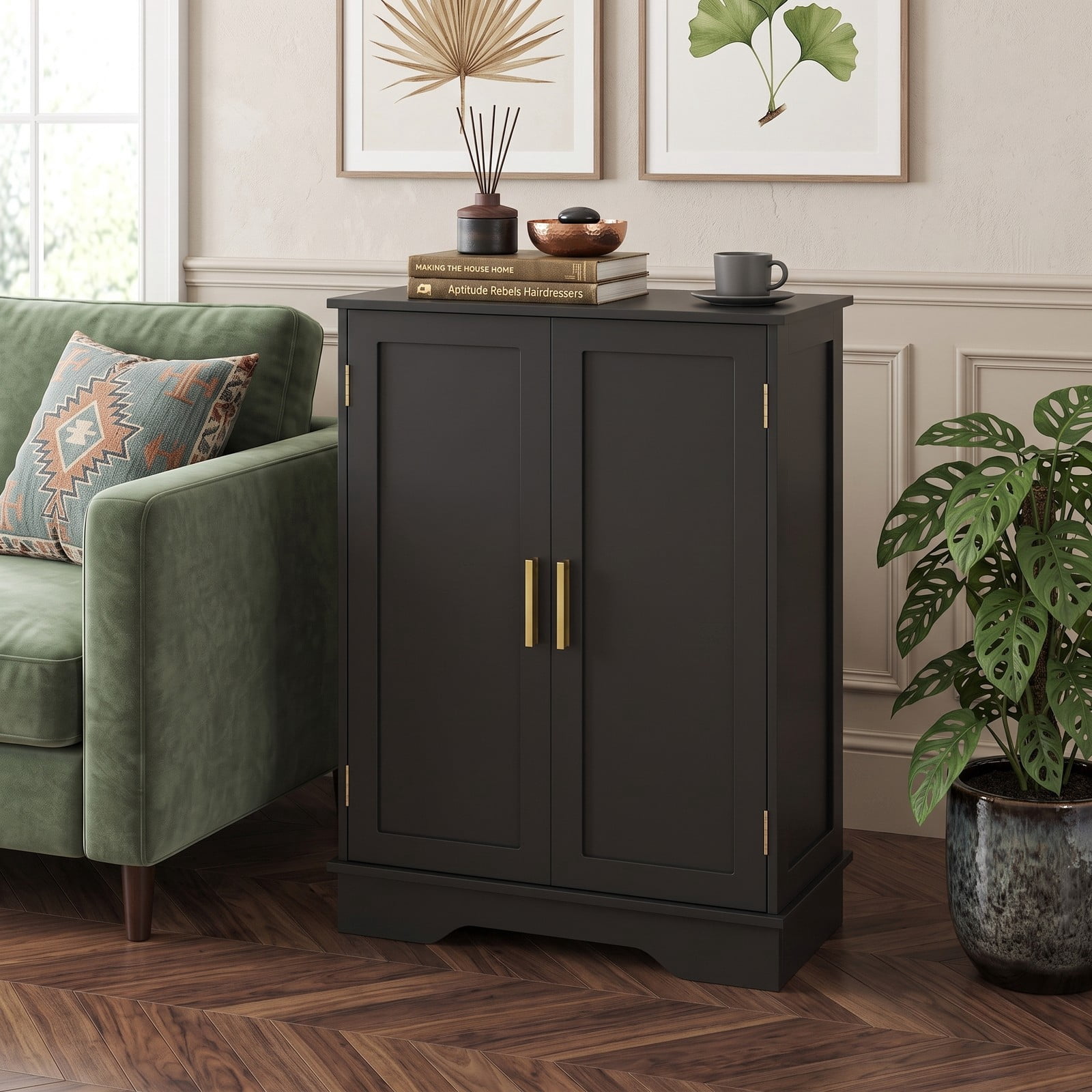 Fenbeli Bathroom Floor Storage Cabinet, Freestanding 2-Door Side Cabinet with Adjustable Shelves and Countertop, Modern MDF Bathroom Organizer for Bathroom, Black