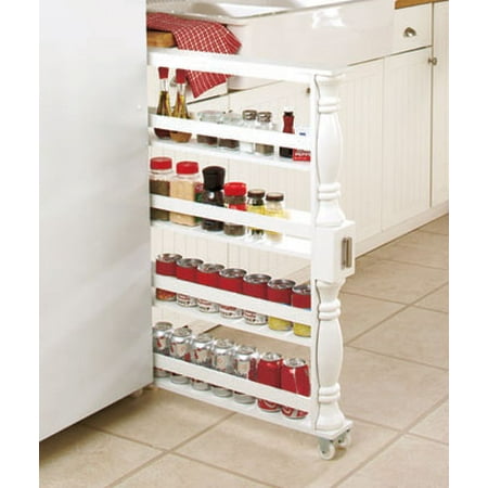 White Wooden Spice Seasoning Can Rack Slim Rolling Cart Space