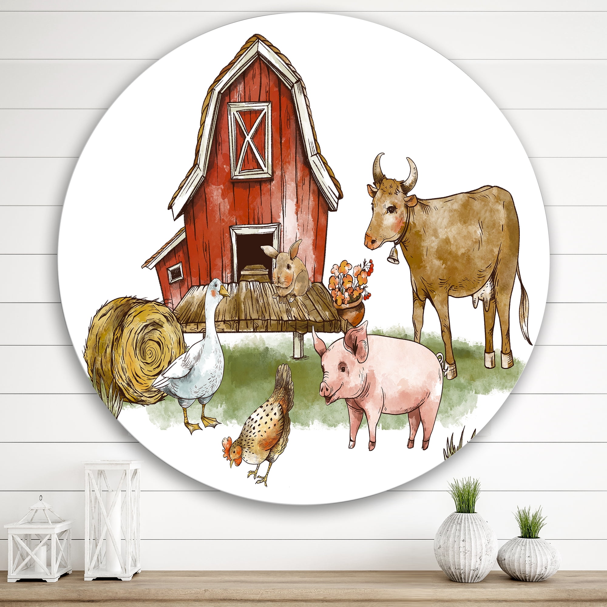 Designart 'Farm House With Goose Cow Pig Chicken and Haystack' Rustic Circle Metal Wall Art 36x36 - Disc of 36