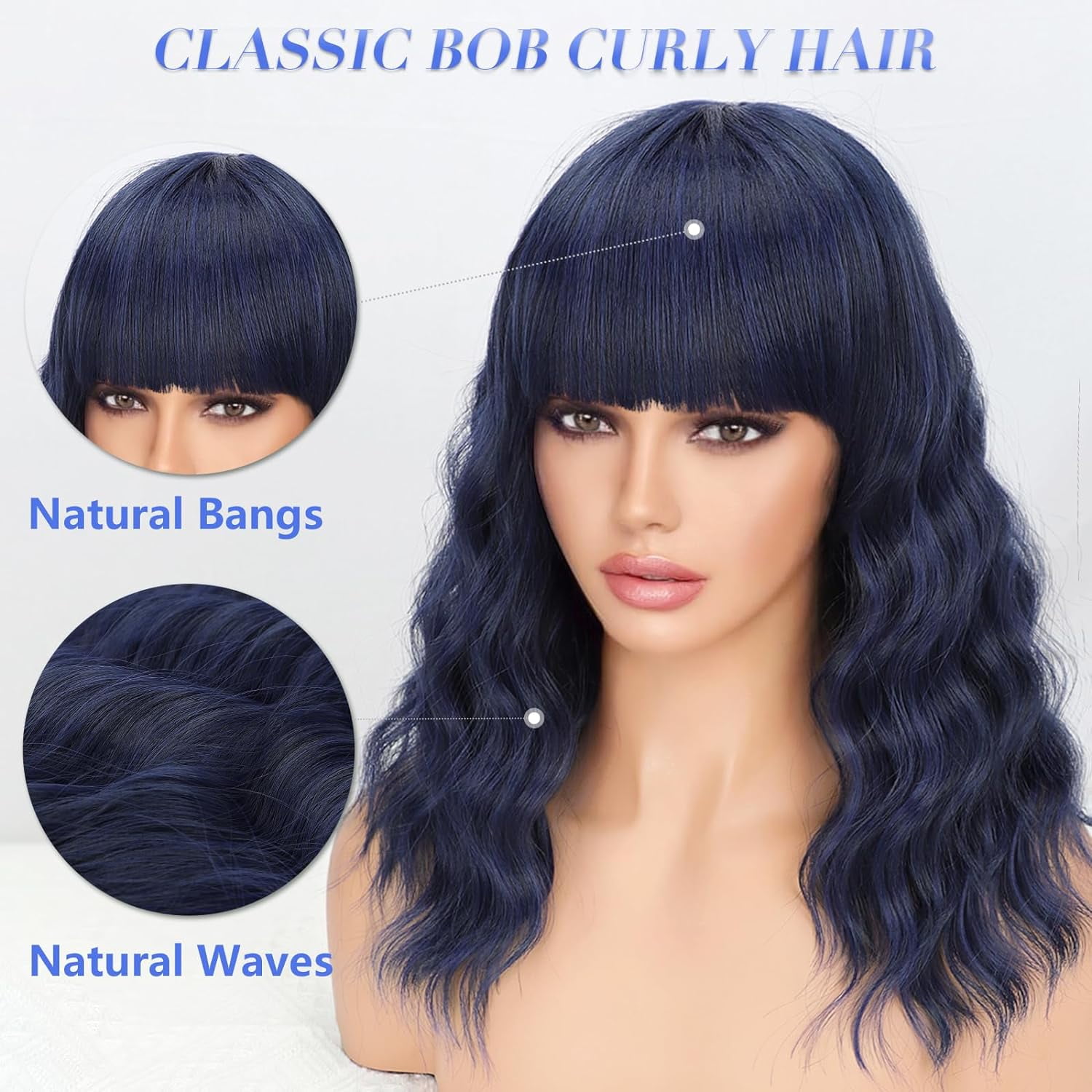 DOPI Short Wavy Wig with Bangs for Women Shoulder Length Bob Curly Women's Charming Synthetic Wigs with Natural Wavy Black To Brown Heat Resistant Hair for Daily Party Use