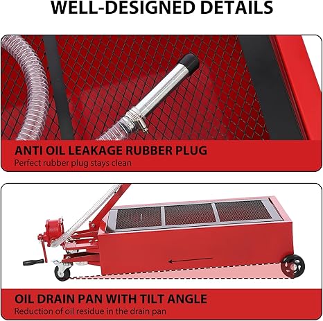 20 Gallon Oil Drain Pan Oil Drain Tank, 76L Low Profile Oil Drain Pan, Large Capacity Oil Change Pan with Manual Pump & T Foldable Hand and Wheels, 8FT Hose Oil Drain Cart for Car, SUV, Trucks
