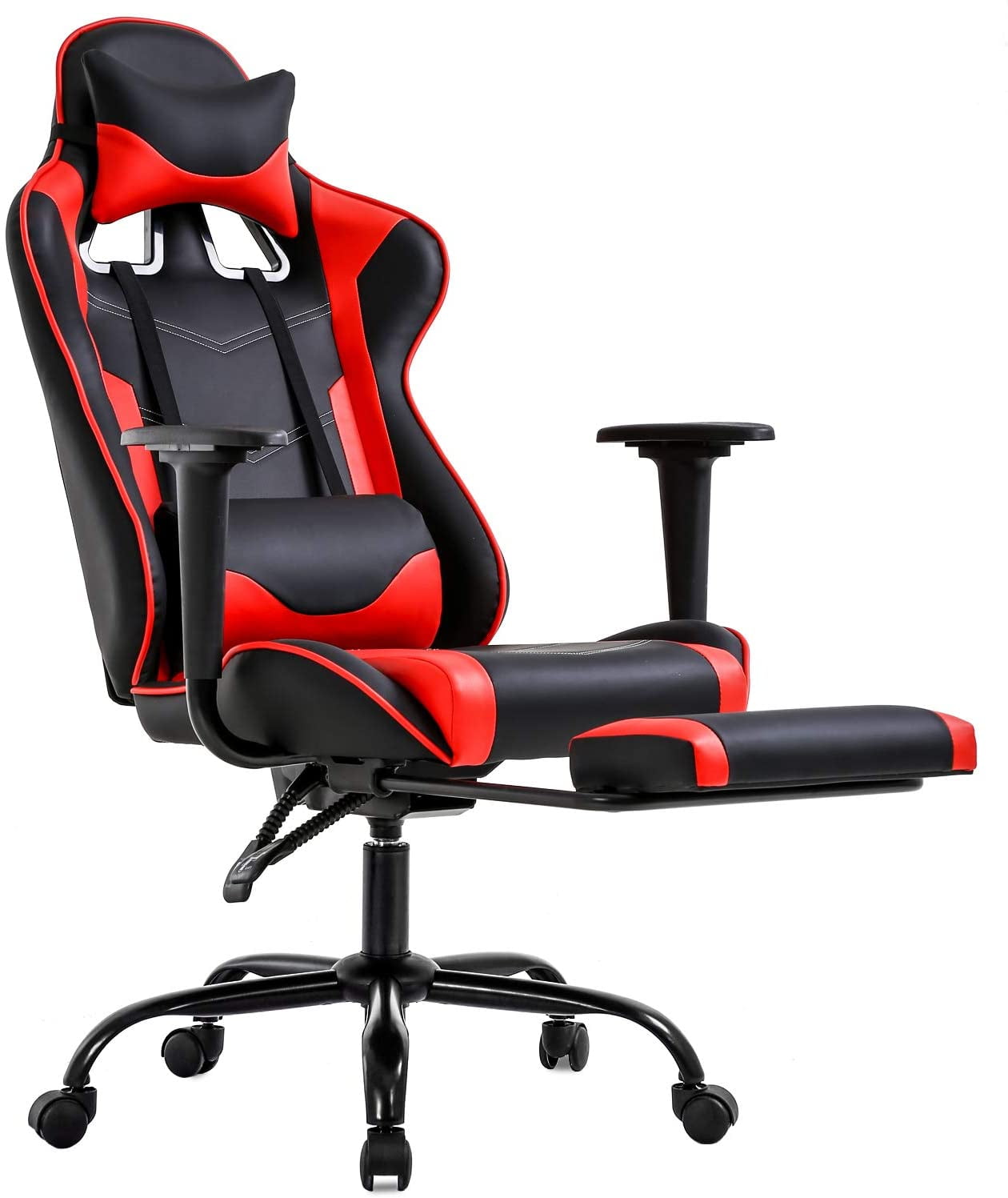 Video Gaming Chair Racing Office PU Leather High Back Ergonomic Adjustable Swivel Executive Computer Desk Task for Adults Large Size with Footrest,Headrest and Lumbar Support Black+red 