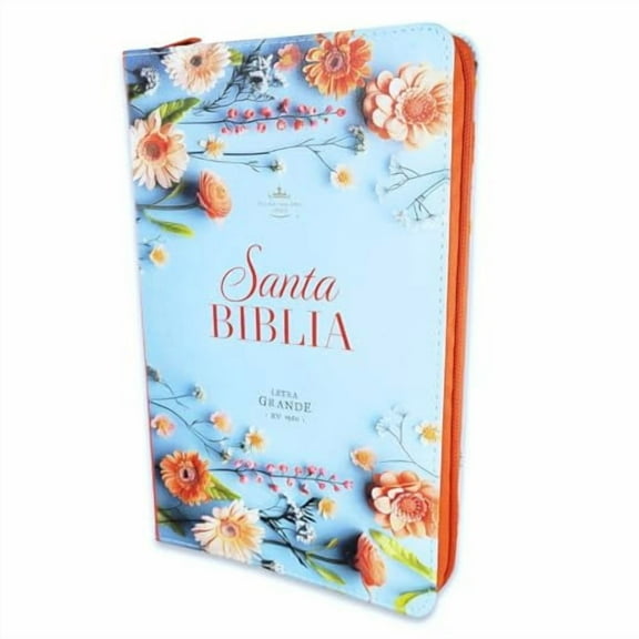 Biblia para Mujer con Cierre Letra Grande Manual 12 puntos RV1960 imit piel naranja y azul floral con Indice y canto floral