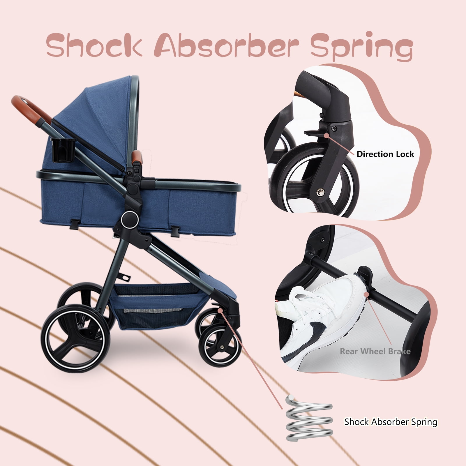 2-in-1 Bassinet Stroller, Lightweight Foldable Baby Stroller with Reversible Seat, Adjustable Canopy & All-Terrain Wheels for Newborns 0-3 Years