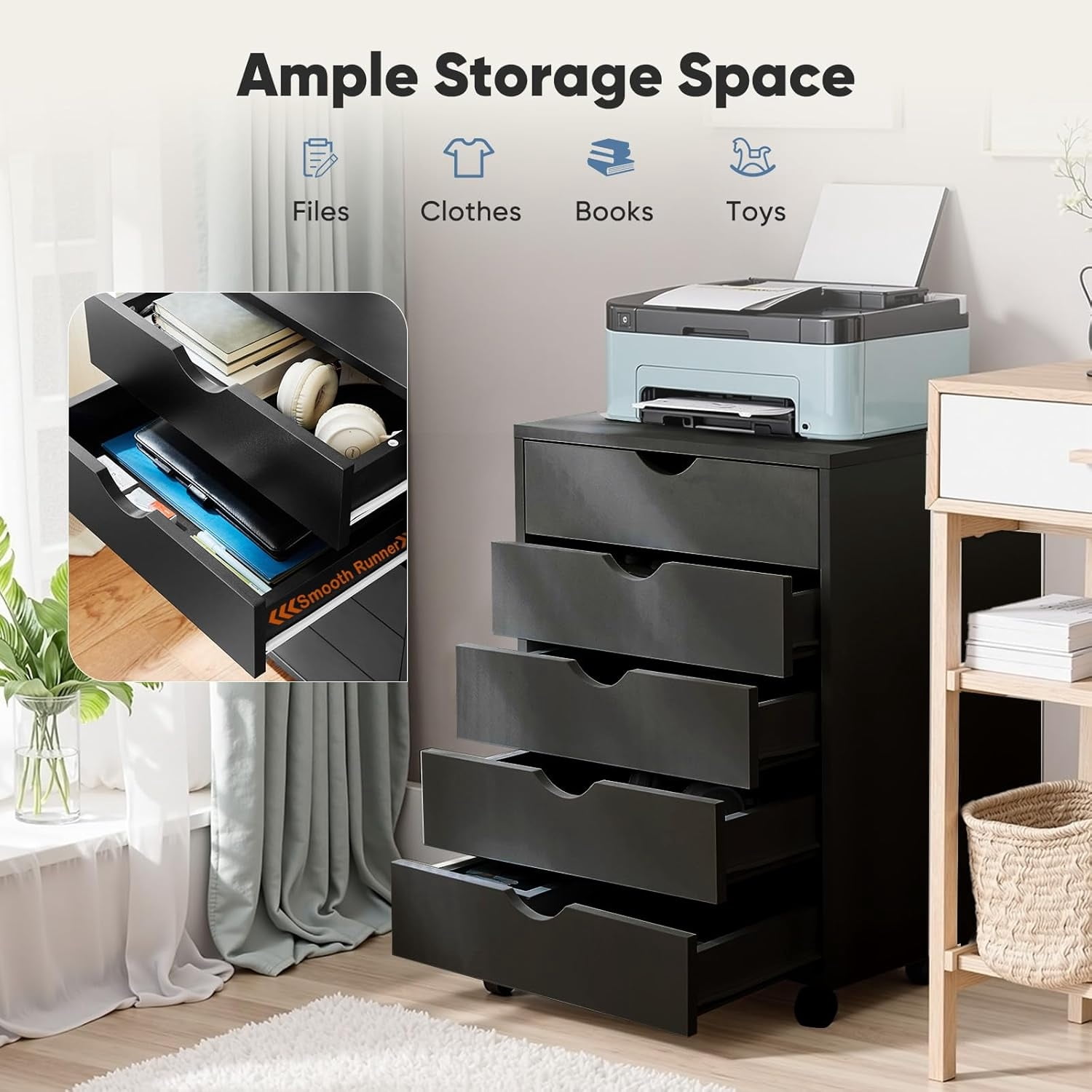 5 Drawer Mobile File Cabinet with Wheels, Under Desk Storage Organizer for Bedroom/Office/Home, Black