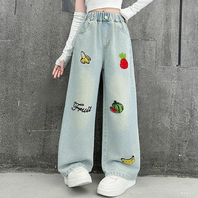 Cowsor Girls Baggy Jeans Distressed Denim Pants Elastic Waist Wide Leg Jeans for Girls Kids Loose