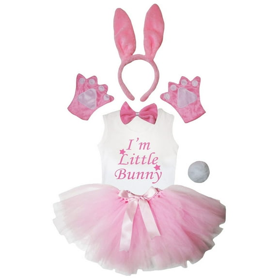 Petitebelle Bunny Headband Bowtie Tail Gloves Tutu Shirt 6pc Costume (Pink, 6-8 Years)