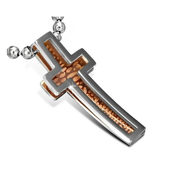 Stainless Steel Two-Tone Religious Cross Pendant Necklace, 24"