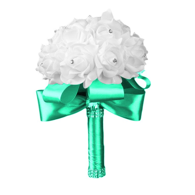 Tree-on-Life White Rose Bride Holding Bouquet Simulation Foam Flowers with Crystal Diamond Ribbon Artificial Bouquet Wedding Supplies 