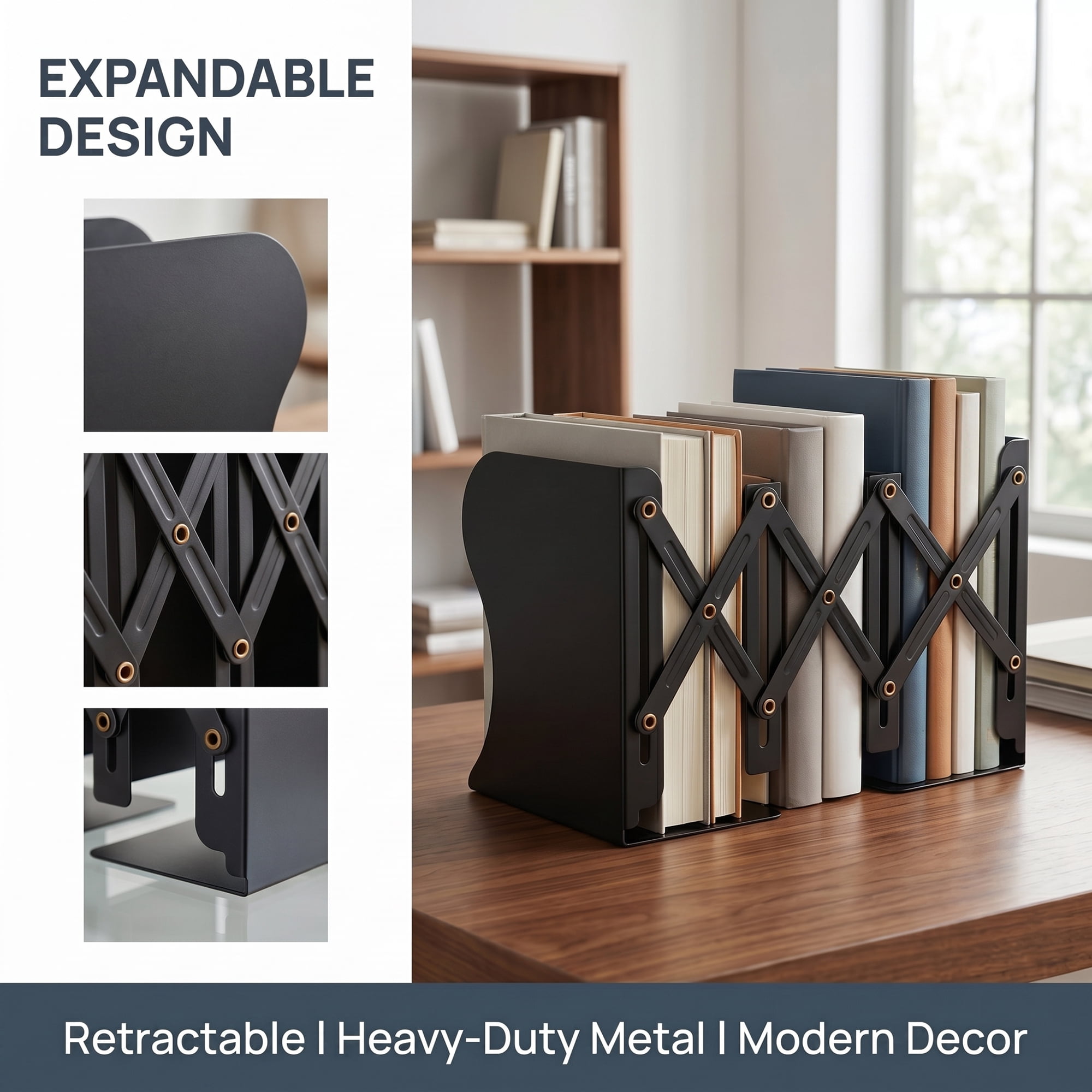 Unique Bargains Adjustable Metal Expandable Book End Holder Black 3.9" x 5.7" x 7.5"