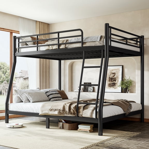 Leumius Full over Queen Metal Bunk Bed Frame with Dual Guardrails and Ladders, Heavy-Duty Quiet Design,Noise-Reduced,Black