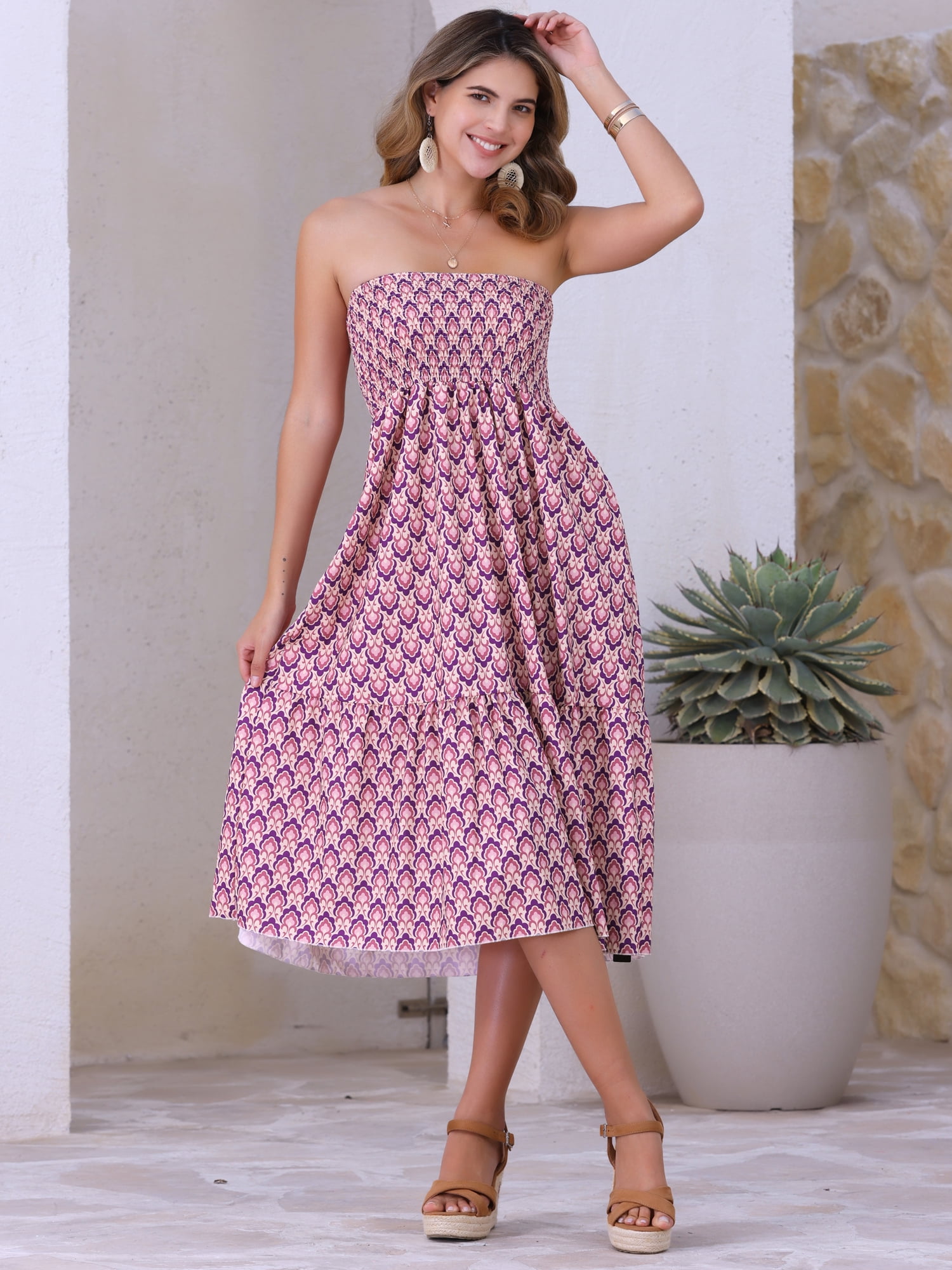 DARING DIVA Women's Summer Smocked Waist Flowy Maxi Skirts M Purple Floral