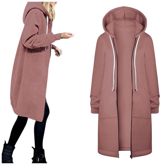 Hoodies for Women KONBECA Women's Casual Zip up Hoodies, Long Tunic Sweatshirts Jackets, Plus Size Winter Hoodie Warm Coats with Pockets, Fleece Mid Length Hoodies Jackets Outwear Pink S
