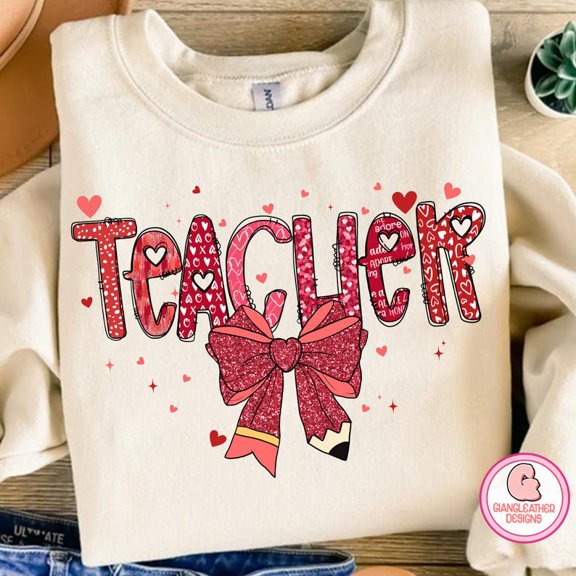 Teacher Valentine Sweatshirt, Coquette Pencil Pullover for Women, Cute Teacher Life Sweater, Brushstroke Valentine’s Day Gift Shirt