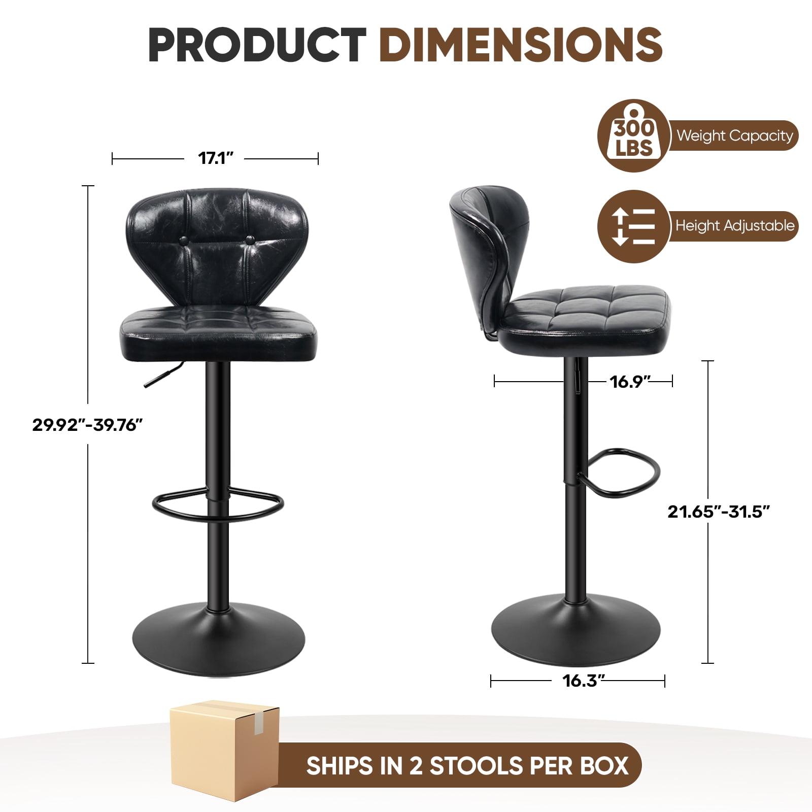 Hawsaiy Vintage Style Leather Bar Stool Set of 4 with Button-Tufted Design,Black