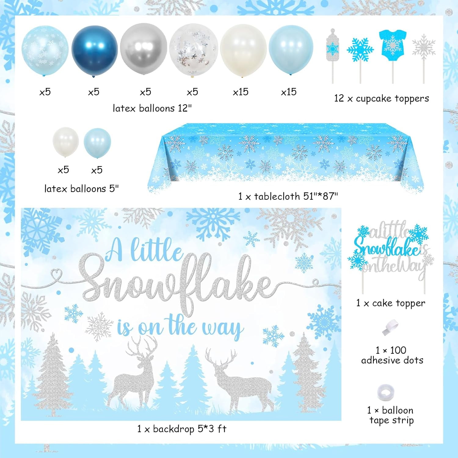 Snowflake Baby Shower Decorations, A Little Snowflake Is On The Way Backdrop Cake Topper Snowflake Balloon Garland Arch Kit Tablecloth Blue for Boys Winter Baby Shower Party Supplies