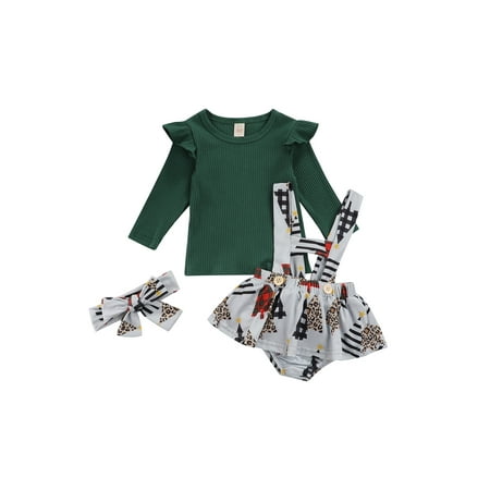 

TheFound 3Pcs Baby Girls Christmas Outfits Long Sleeve Rib Knit Tops + Cartoon Suspender Skirt + Headband Set