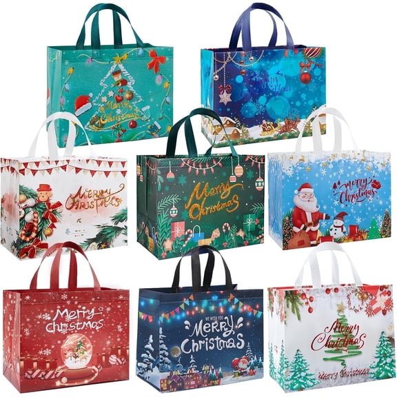 8 Pack Christmas Holiday Gift Bags with Handles, Large Non-Woven Tote Bags for Wrapping Xmas Party Favors, 12.8"x9.8"x6.7"