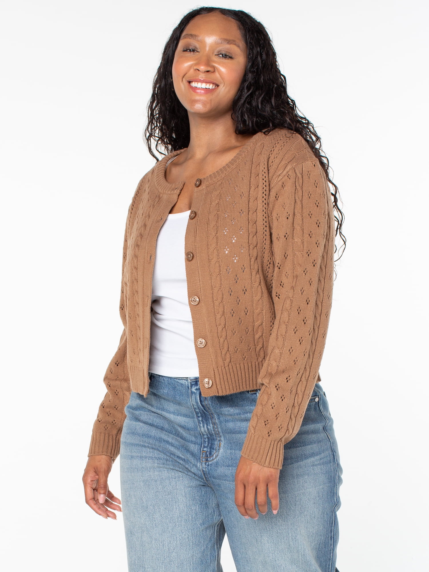 Celebrity Pink Women's Pointelle Crew Neck Cardigan Sweater, Sizes XS-4X
