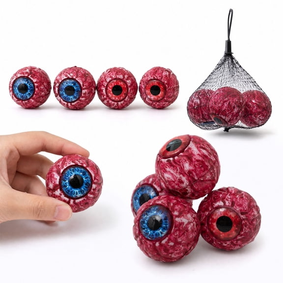 4‑Pack Realistic Bloody Eyeball Halloween Props, Lifelike Multicolor Eye Design With Mesh Storage Pouch, Portable Horror Decor for Yard Porch Themed Party Scene Styling