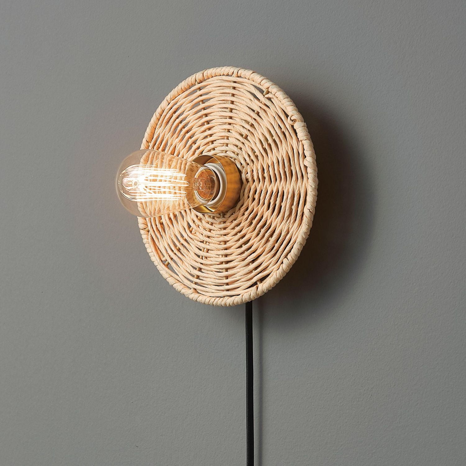1-Light Plug-In or Hardwire Wall Sconce with Natural Twine Blackplate, 91004441