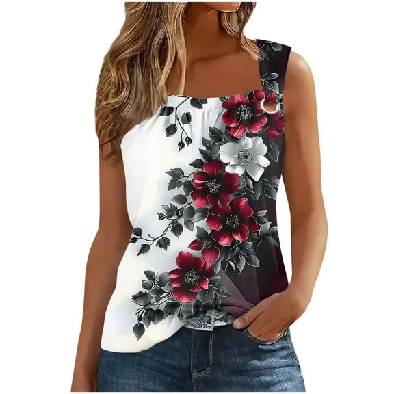 ZQUUVOU Tank Top For Women Square Neck Lace Sleeveless Printied Tops (Burgundy,S)