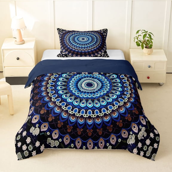 Homewish Boho Peacock Mandala Twin Comforter Sets,Retro Floral Bedding Set,Navy White,Navy Blue Reversible,2pcs,1 Comforter and 1 Pillowcase