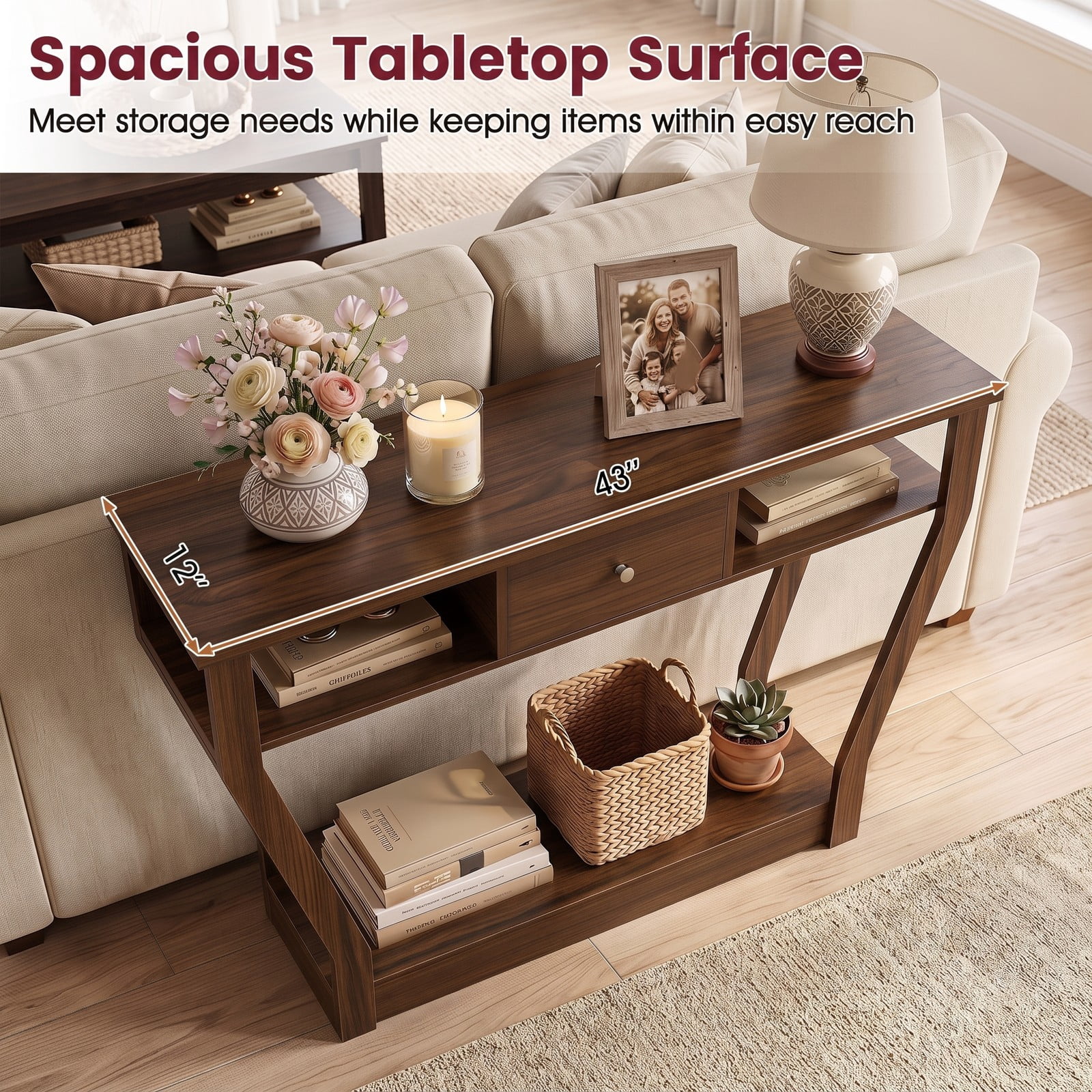 Furnibear Console Hall Table with Storage Drawer and Open Display Shelf and Angled Wood Legs for Entryway and Hallway, Walnut
