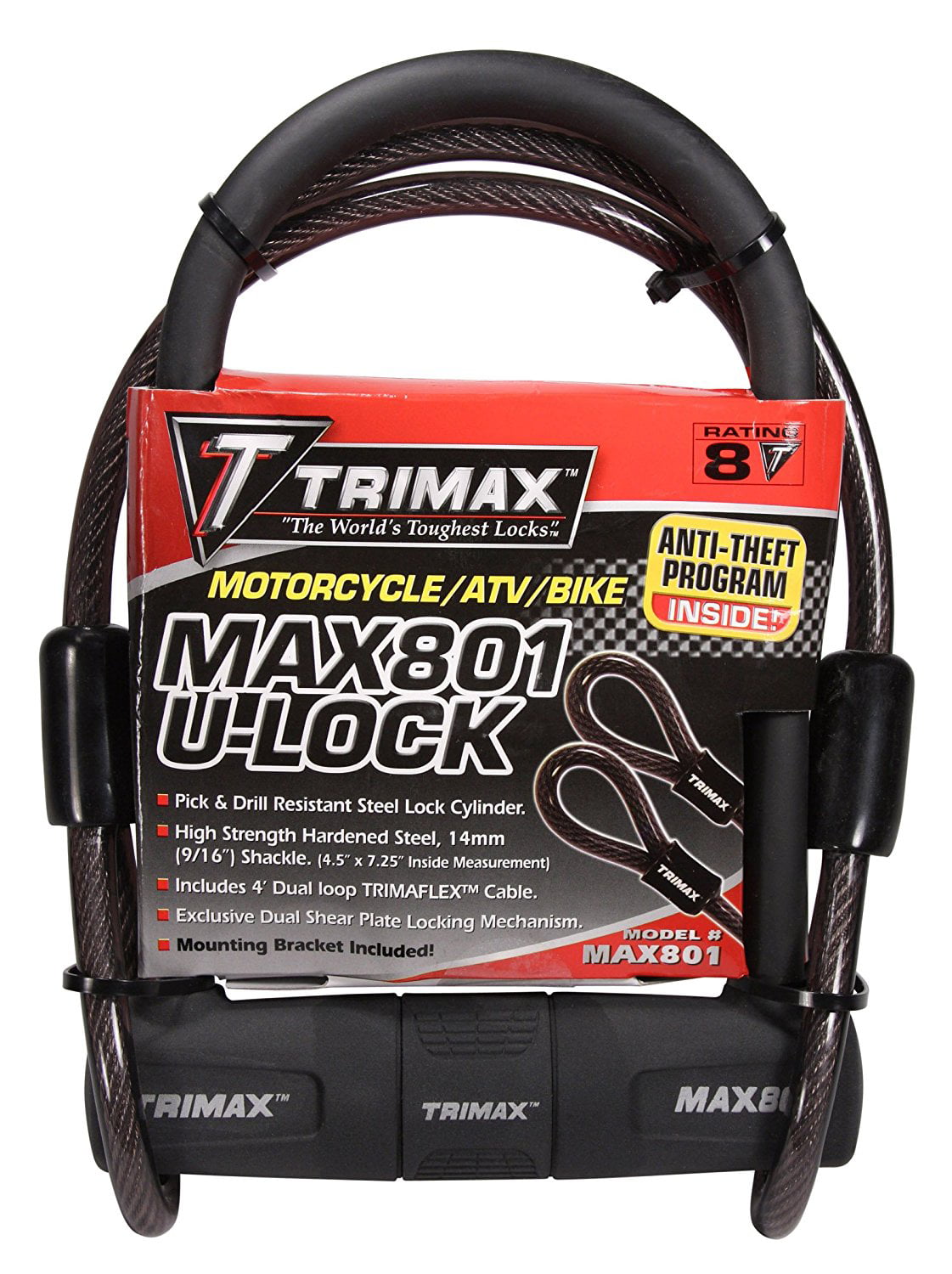 Trimax MAX801 Max Security U-Shackle Lock with 14 mm Shackle and 10 mm x 48 Cable 