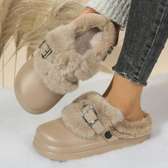 SYMSHOES Khaki Mule Slippers for Women - Faux Faux Fur Lined Warm Cozy Slip-On with Metal Buckle, Lightweight EVA Sole Platform Indoor Outdoor Footwear,Size 36