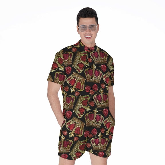 Embroidery Crown Pattern Short Sleeve Men'S Rompers Casual Summer Jumpsuits Outfit