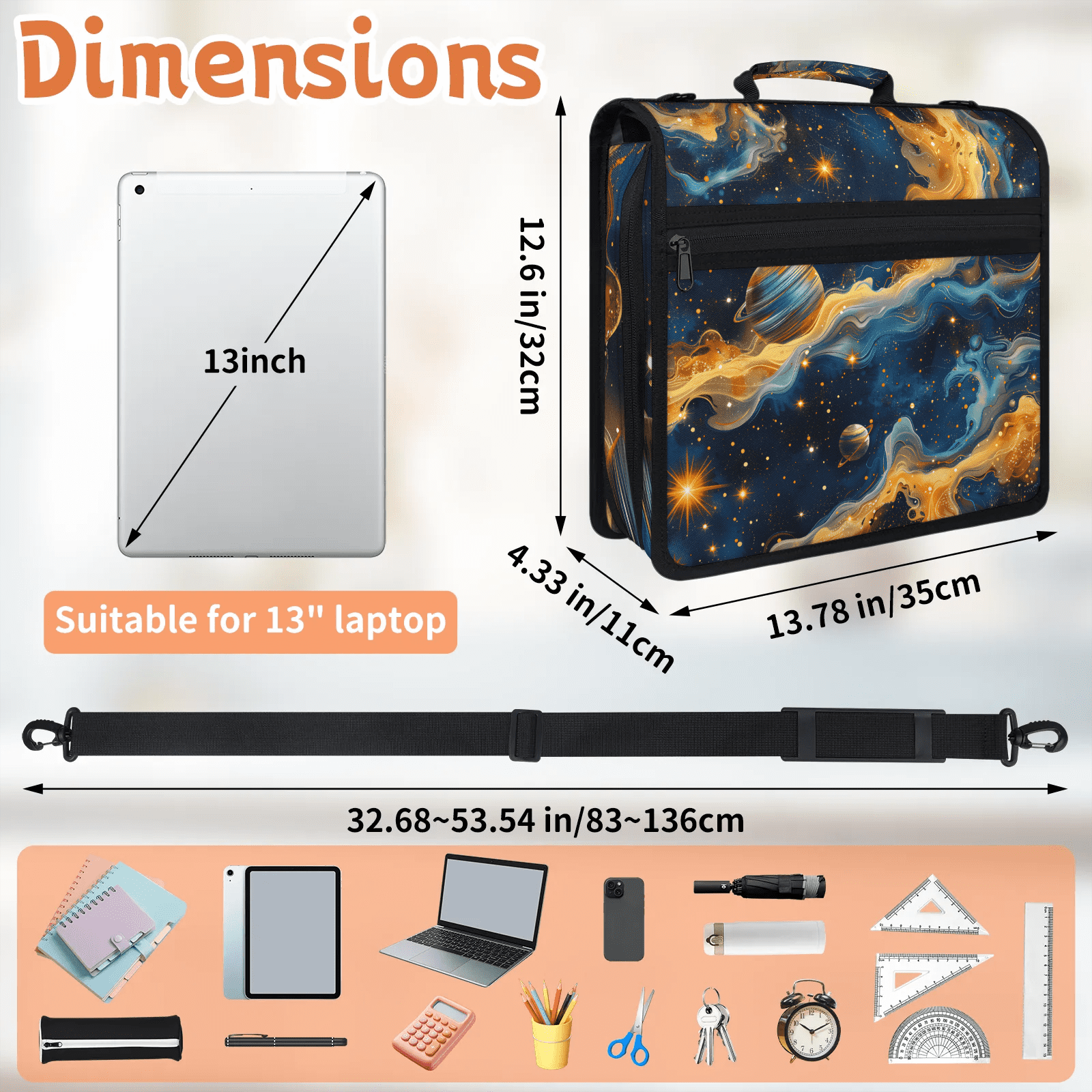 Herdesigns Outer Space Zipper Binder 1.5 Inch 3 D-Rings with Shoulder Strap & Handle, Waterproof Universe Planet Rocket Binder Organizer Bag for 13 Inch Laptop