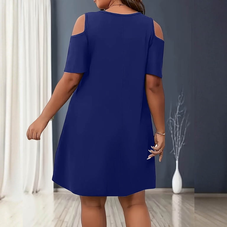 royal blue t shirt dress plus size LWavelet Women's Plus Size Cold Shoulder Dress Short Sleeve Round Neck  Casual Loose T-Shirt Dress with Pockets Royal Blue 5XL
