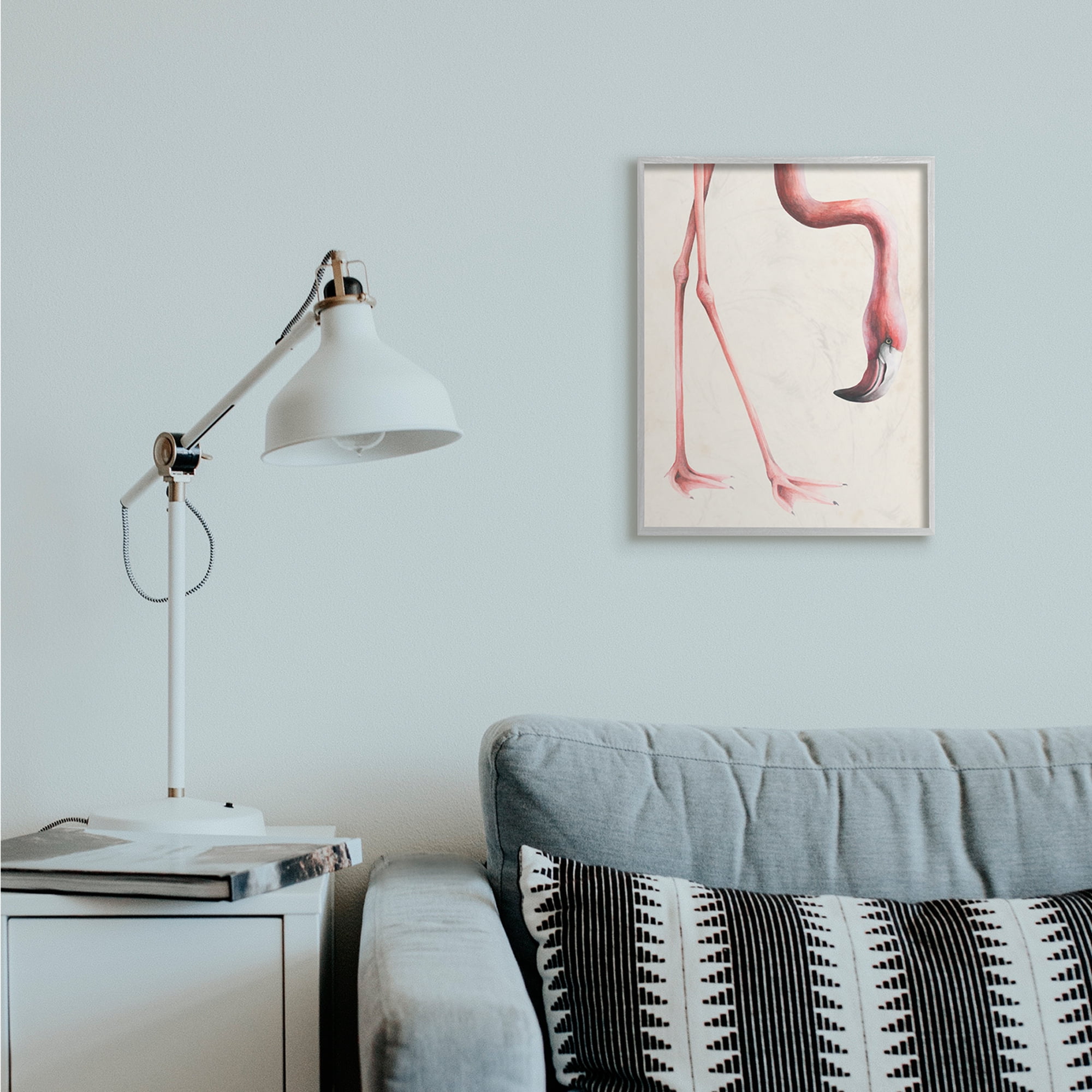 Stupell Industries Pink Flamingo Bending Feet Beak Detail Gray Framed by Grace Popp